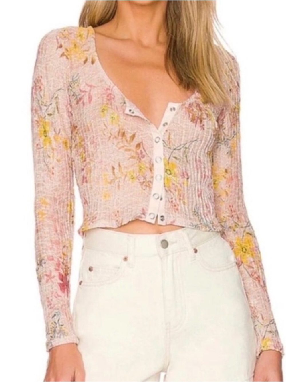 We the Free People Floral Pink Snap-Front Ribbed Crop Top XS